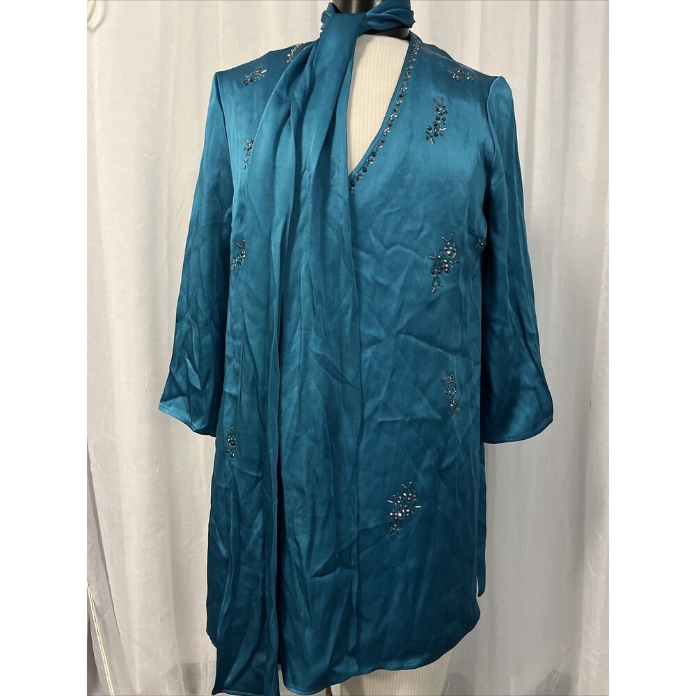 St. John Cerulean Holiday Liquid Satin Embellished Blouse Size Small NWT